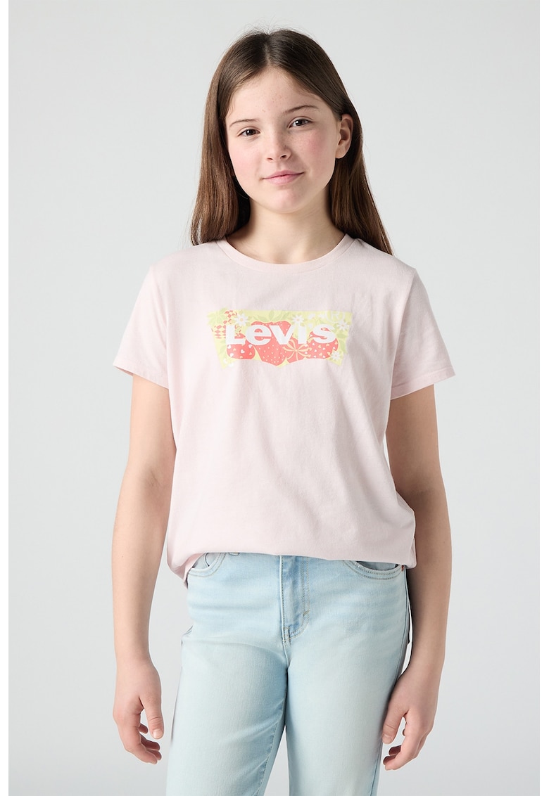 Tricou din amestec de bumbac cu imprimeu logo - Roz pal