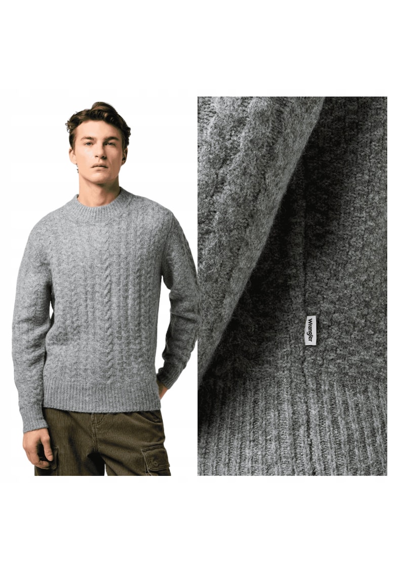 Pulover Barbati - Cable Knit Sweater - Regular Fit - Decolteu Rotund - Caldura Si Confortabila - Design Clasic - Maneci Lungi - Poliester - Gri - Gri