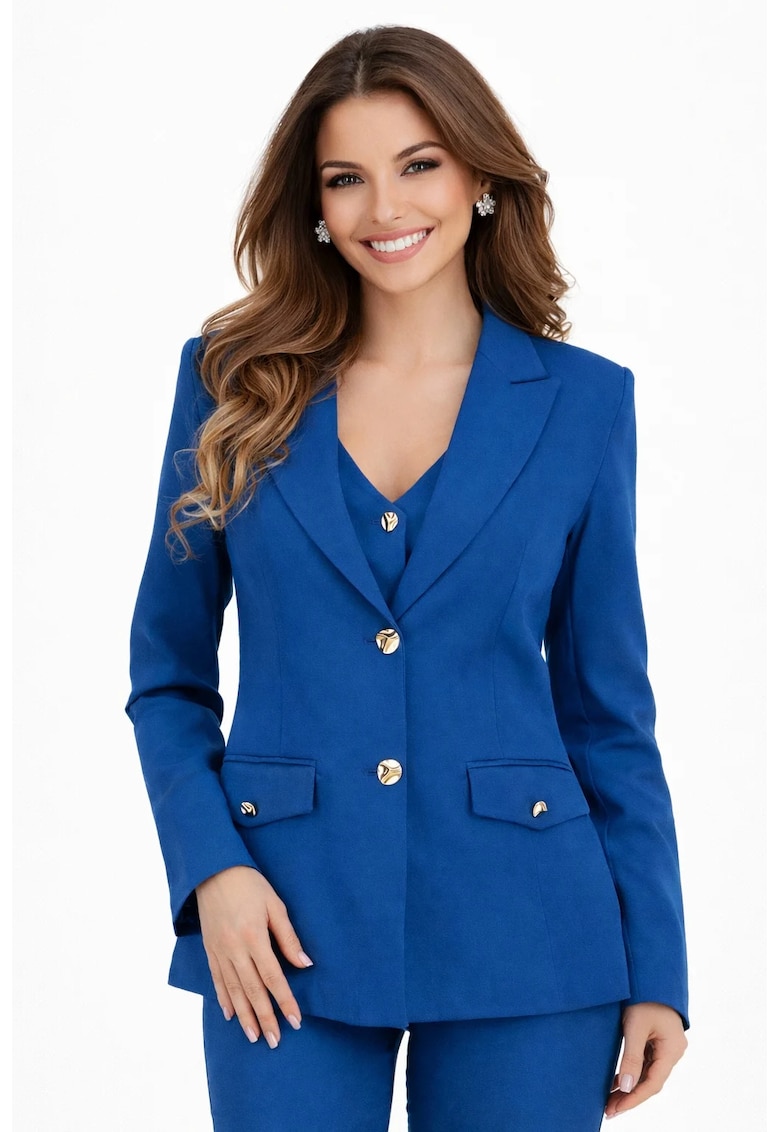 Sacou dama cambrat din stofa cu nasturi decorativi aurii Albastru