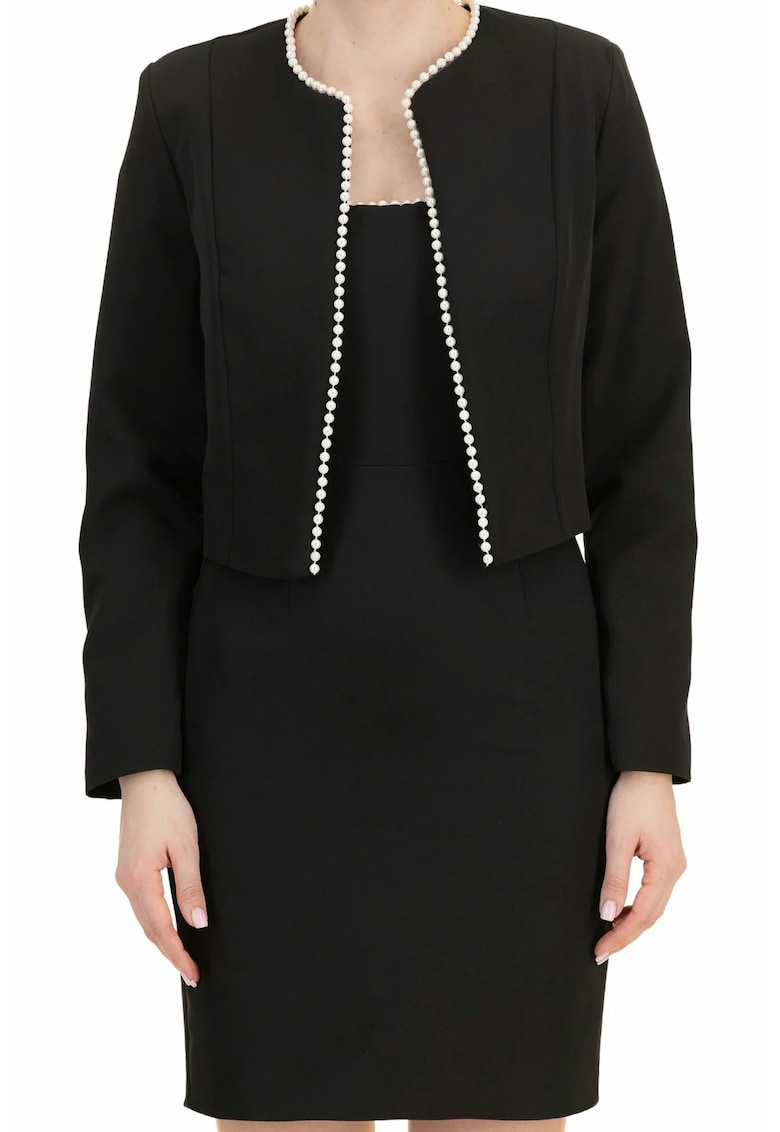 Sacou scurt din stofa elastica - croi drept - accesorizat cu perle M INTL Negru