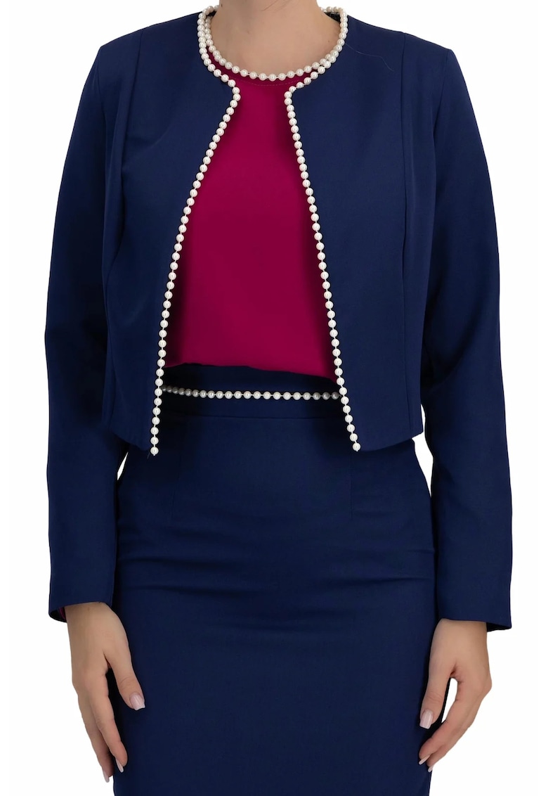 Sacou scurt din stofa elastica - croi drept - accesorizat cu perle - Albastru