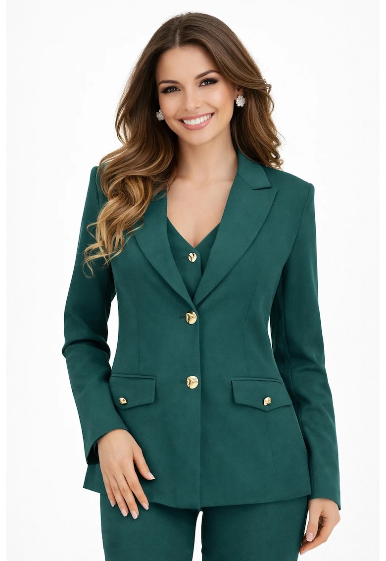 Sacou dama cambrat din stofa cu nasturi decorativi aurii M INTL Verde