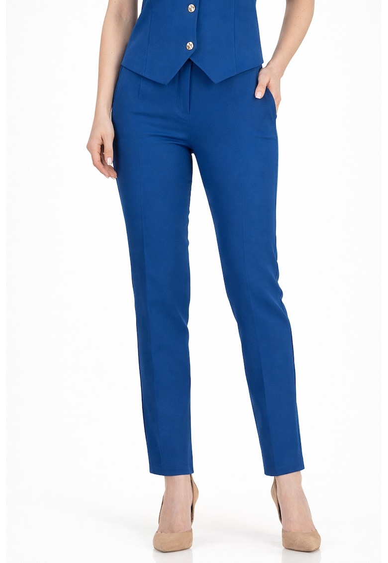 Pantaloni dama din stofa - conici - cu talie inalta si buzunare laterale - Albastru