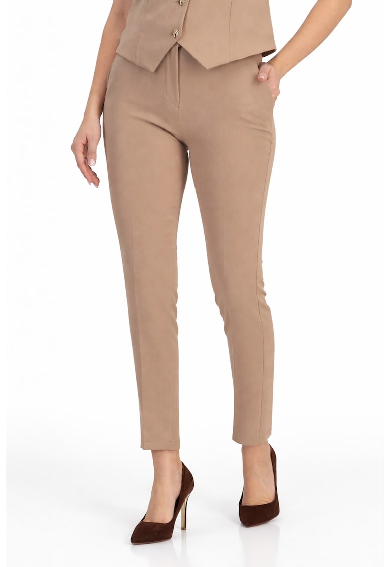 Pantaloni dama din stofa - conici - cu talie inalta si buzunare laterale - Bej