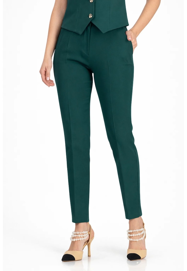 Pantaloni dama din stofa - conici - cu talie inalta si buzunare laterale - Verde