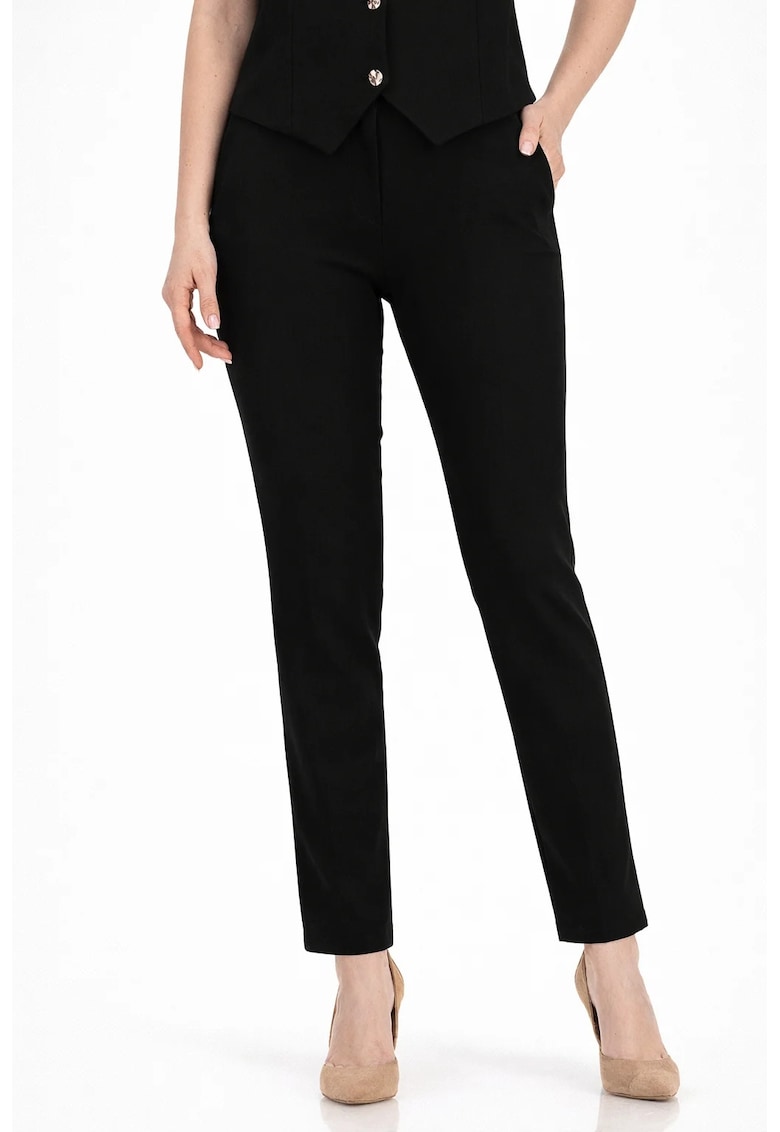 Pantaloni dama din stofa - conici - cu talie inalta si buzunare laterale - Negru