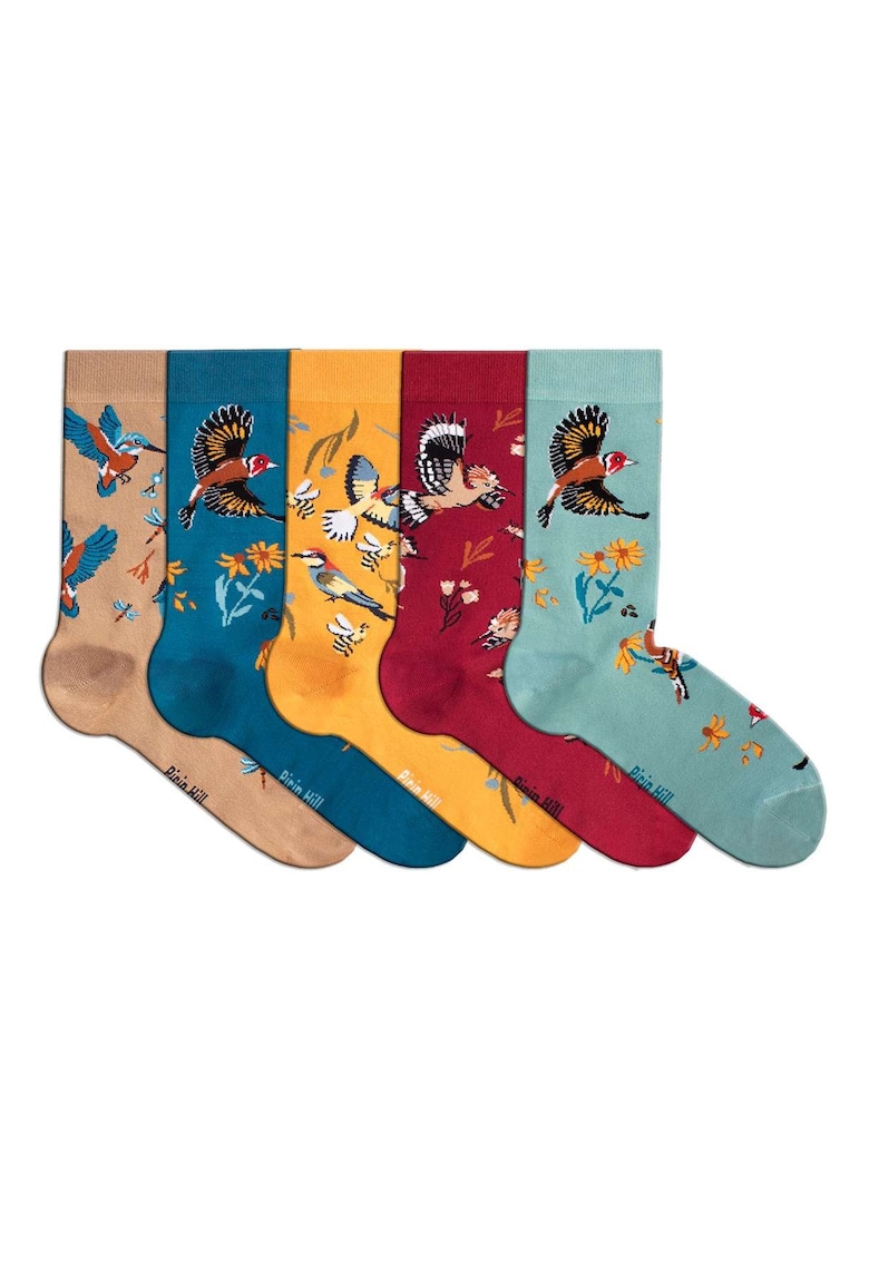 Cutie Lux cu 5 Perechi de Sosete Fine din Bambus cu Flori si Pasari