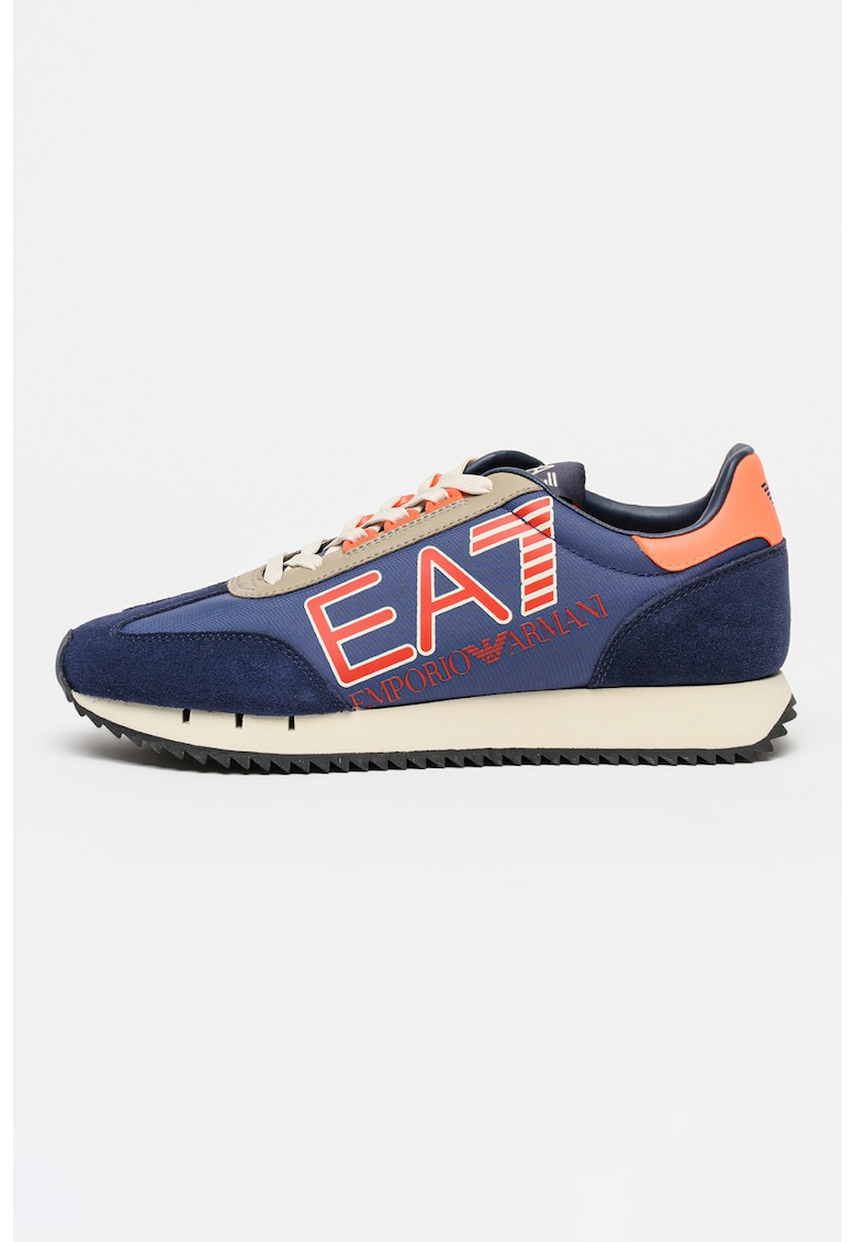 Pantofi sport din material textil cu insertii de piele intoarsa - Albastru inchis/Portocaliu mandarina