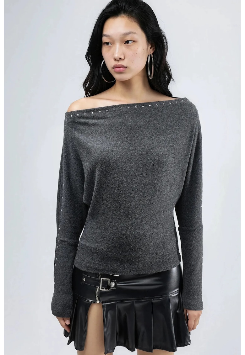 Bluza dama guler barcuta - gri inchis - jerseu