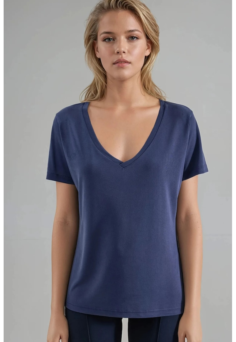 Tricou dama decolteu in V - maneca scurta - albastru marin - jerseu