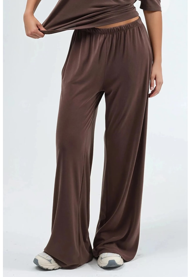 Pantaloni dama talie elastica - croiala dreapta - maro - textil