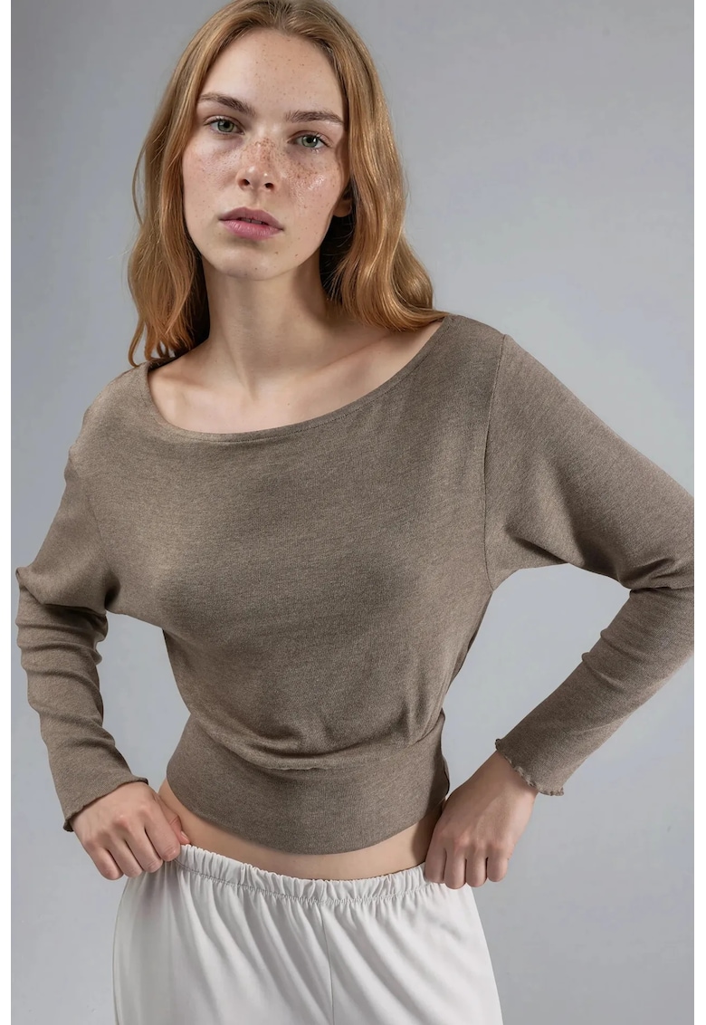 Bluza dama - bluza elastica cu maneca lunga - decolteu barca - maro - jerseu