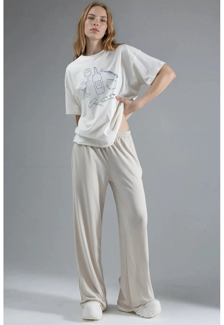 Pantaloni dama - talie elastica - croiala dreapta - ecru - textil sintetic