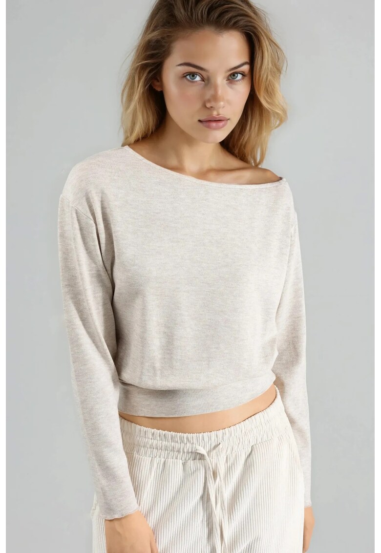 Bluza dama - bluza elastica cu maneca lunga - decolteu barca - bej natural - jerseu