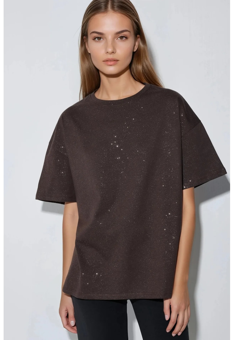 Tricou dama maneca scurta - paiete - maro - jerseu