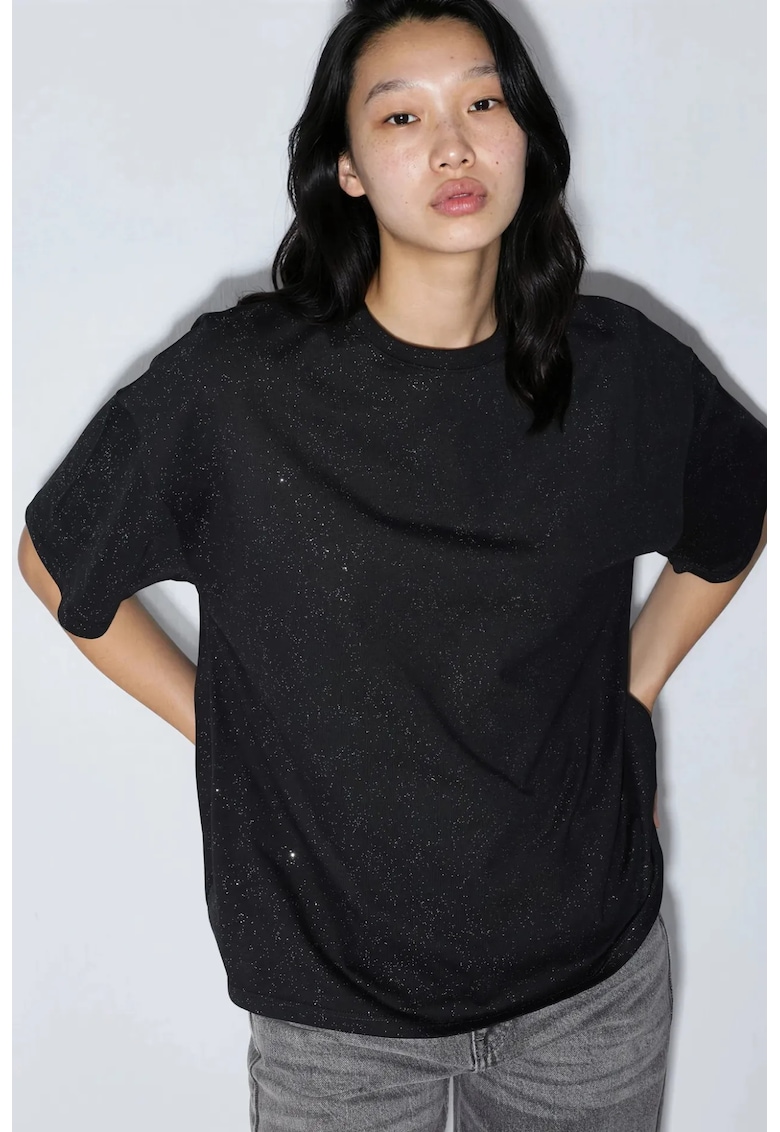 Tricou dama maneca scurta - negru - jerseu - cu paiete