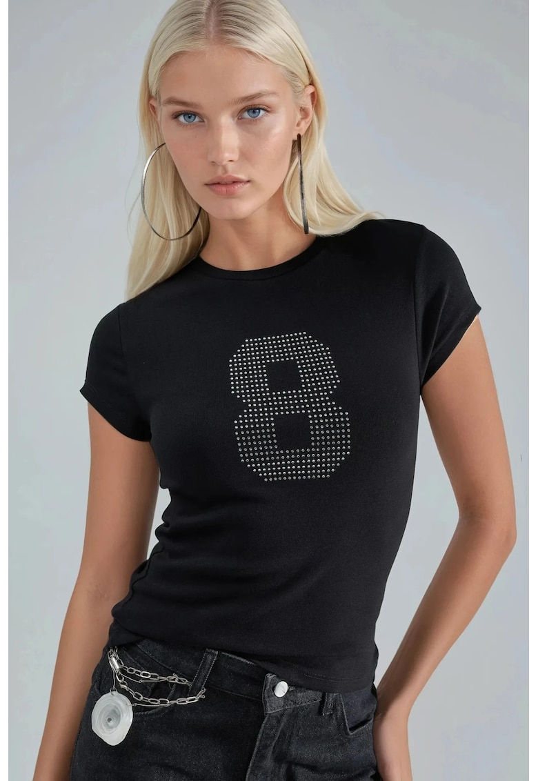 Tricou dama negru - bumbac si elastan - cu imprimeu text