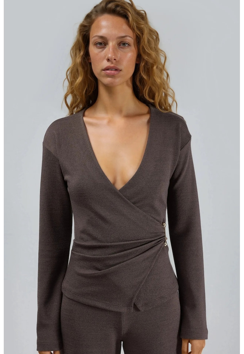 Bluza dama decolteu in V - siret - maro nuc - jerseu