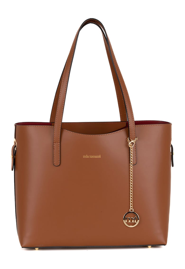 Geanta shopper din piele cu accesoriu logo detasabil - Maro scortisoara