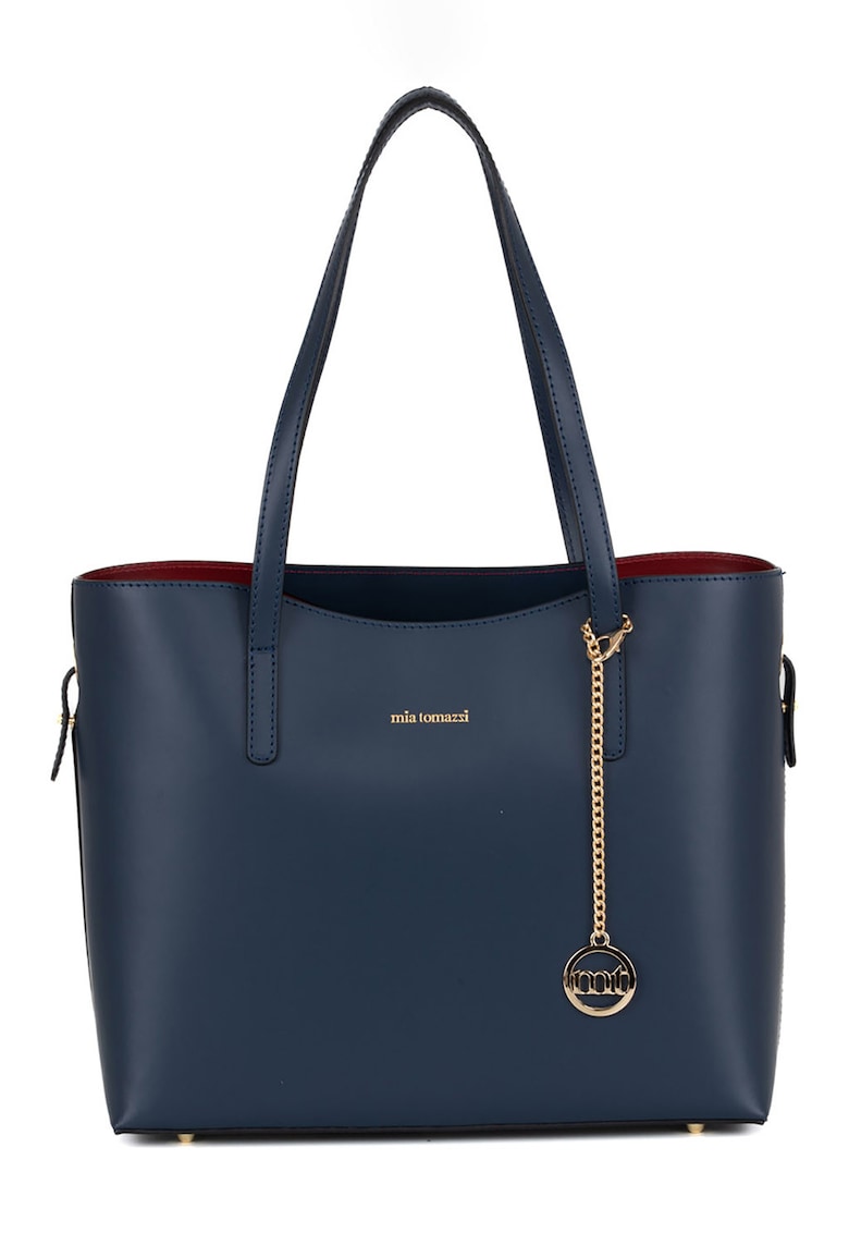 Geanta shopper din piele cu accesoriu logo detasabil - Bleumarin