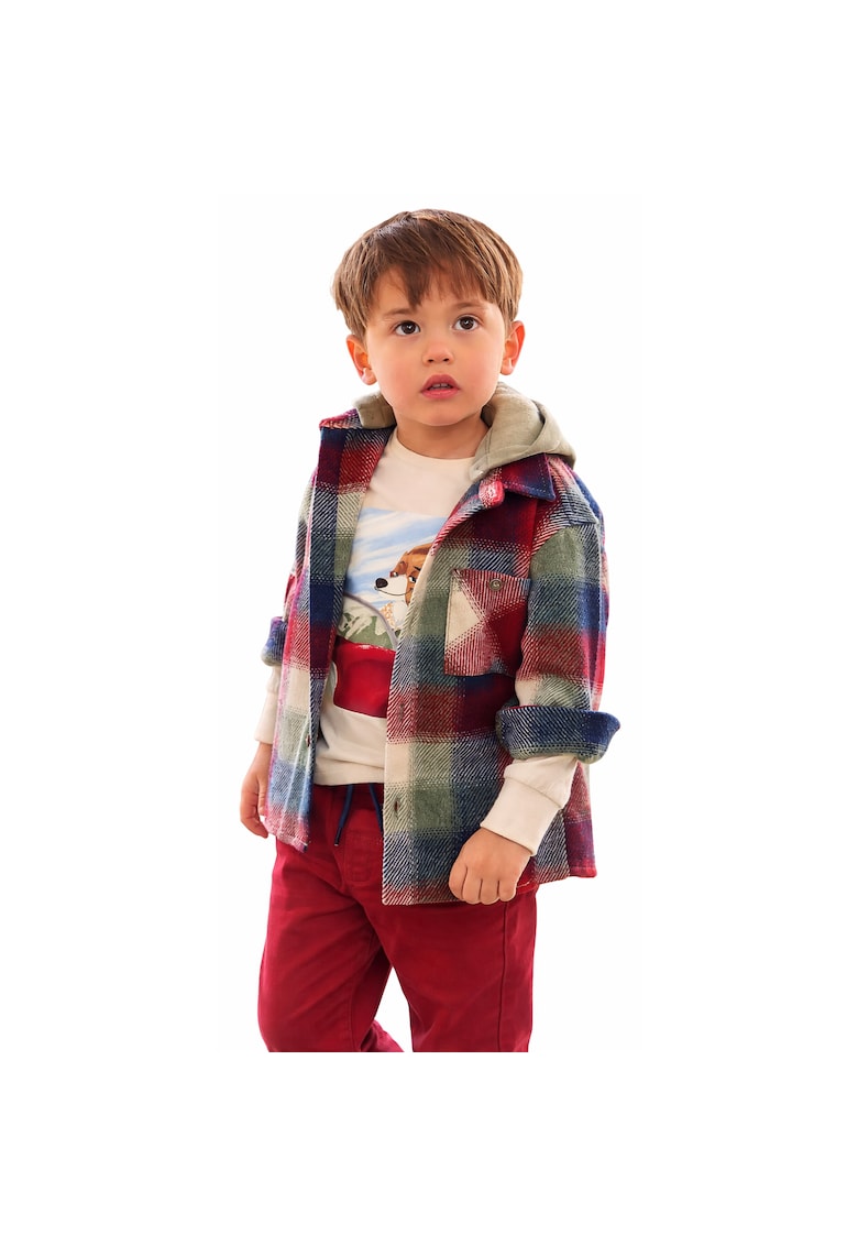 Camasa baieti tip jacheta in carouri cu gluga detasabila si buzunar frontal material gros twill