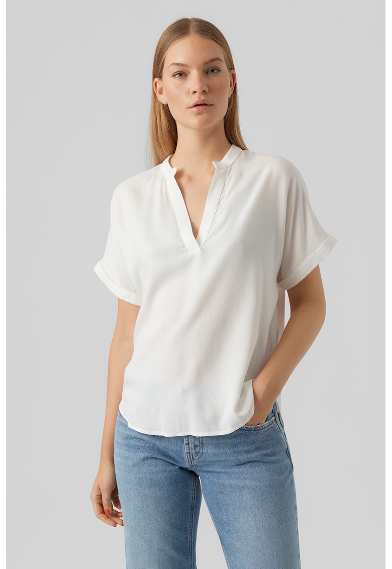 Bluza cu decolteu in V si maneci scurte - Alb