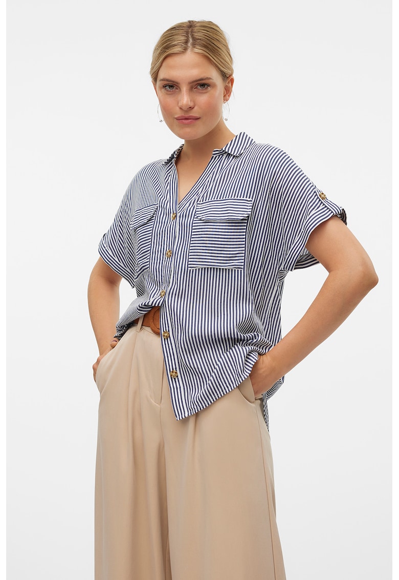 Camasa cu maneci scurte si dungi - Alb/Albastru inchis