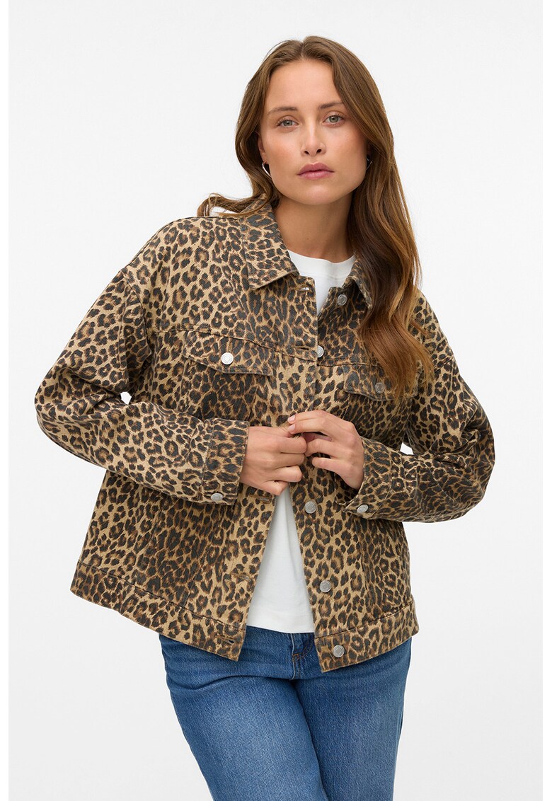Jacheta din denim cu animal print - Negru/Caramel/Galben mustar