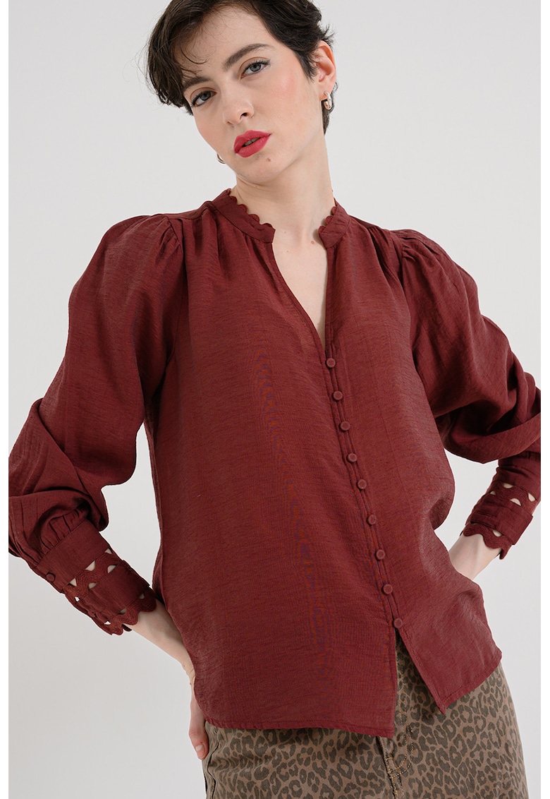 Camasa din amestec de in cu decolteu in V - Visiniu