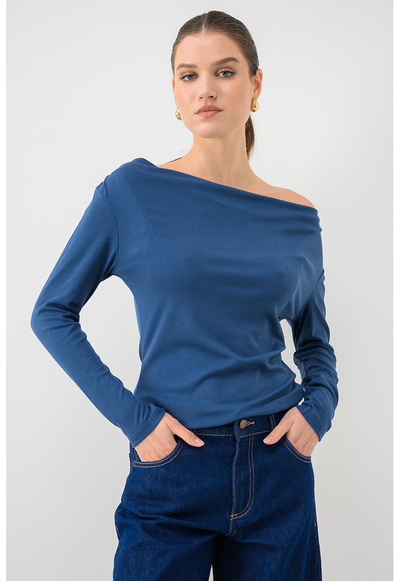 Bluza slim fit cu decolteu drapat - Albastru petrol