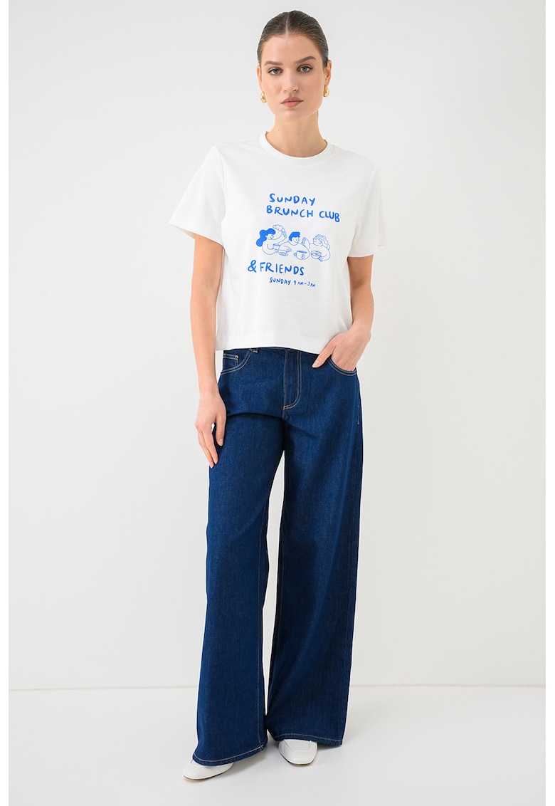 Tricou de bumbac organic cu imprimeu - Alb/Albastru inchis