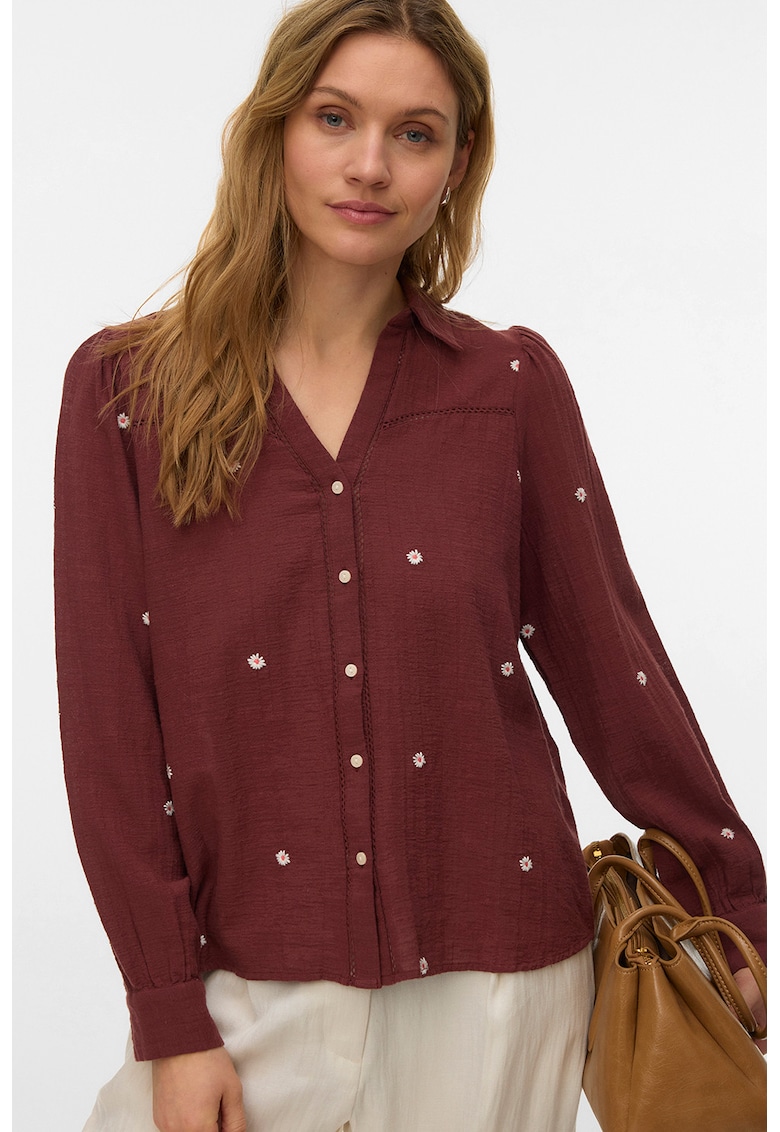 Camasa de bumbac cu broderie florala - Alb/Rosu inchis