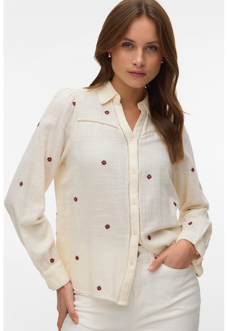 Camasa de bumbac cu broderie florala - Visiniu/Alb fildes/Coral