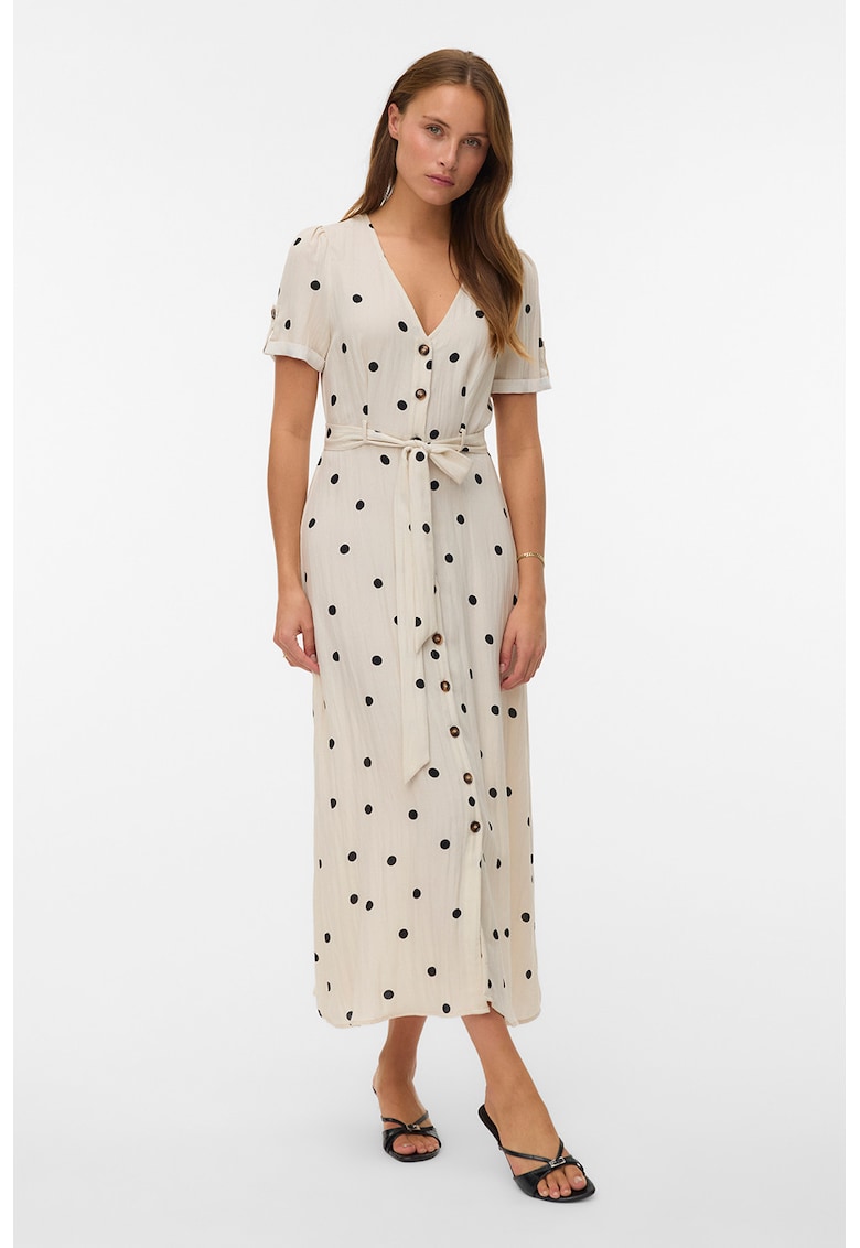 Rochie-camasa cu cordon in talie cu buline - Alb fildes/Negru