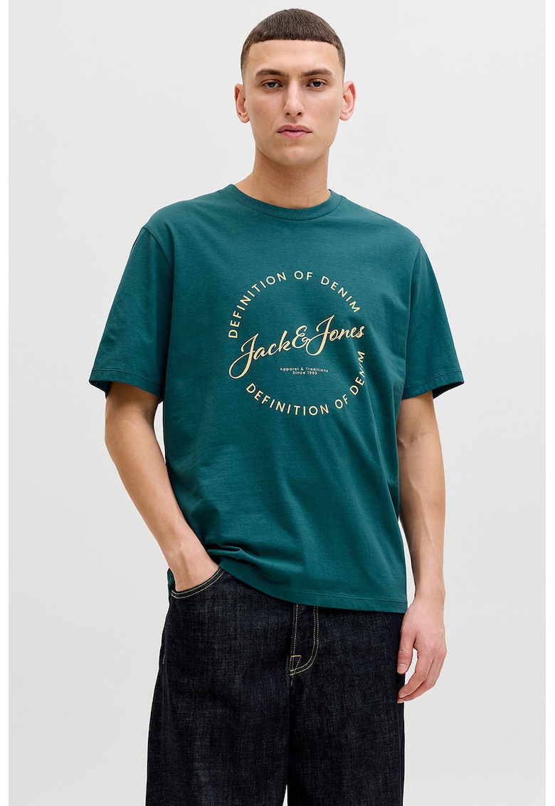 Tricou de bumbac cu imprimeu logo - Galben pai/Albastru petrol