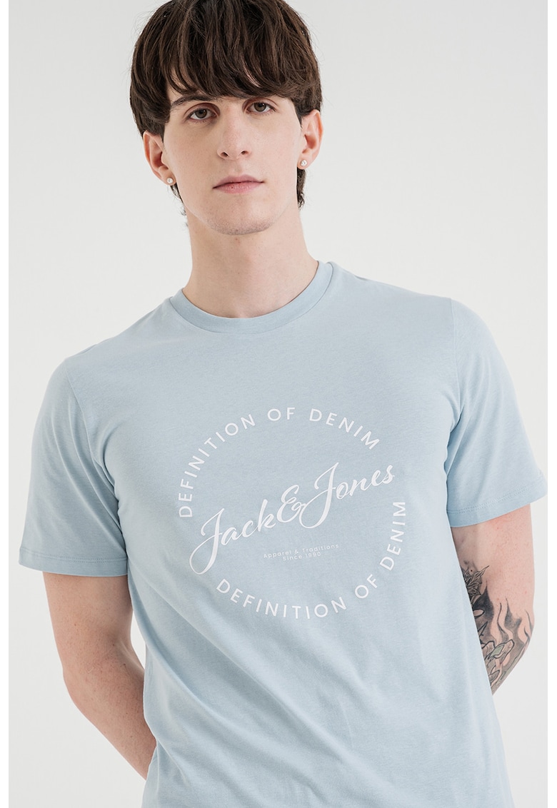 Tricou de bumbac cu imprimeu logo - Alb optic/Albastru glaciar