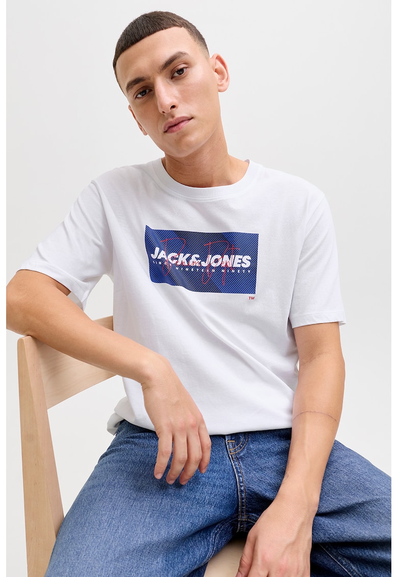 Tricou din bumbac cu imprimeu logo pe piept - Rosu stins/Alb optic/Albastru indigo