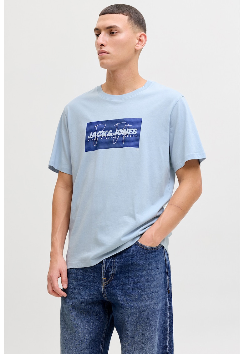 Tricou din bumbac cu imprimeu logo pe piept - Albastru pastel/Albastru indigo