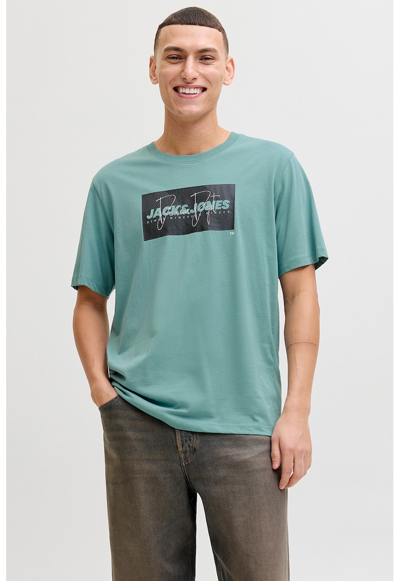 Tricou din bumbac cu imprimeu logo pe piept - Negru/Verde persan