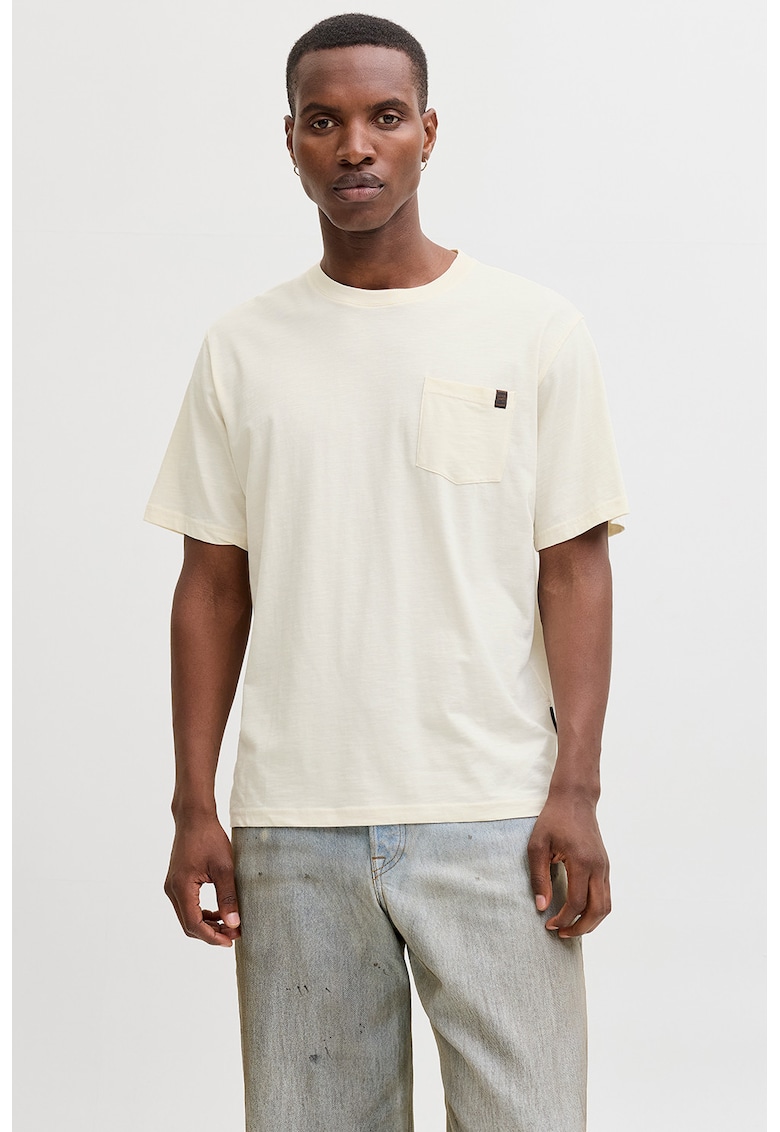 Tricou din amestec de bumbac organic cu buzunar aplicat pe piept - Crem