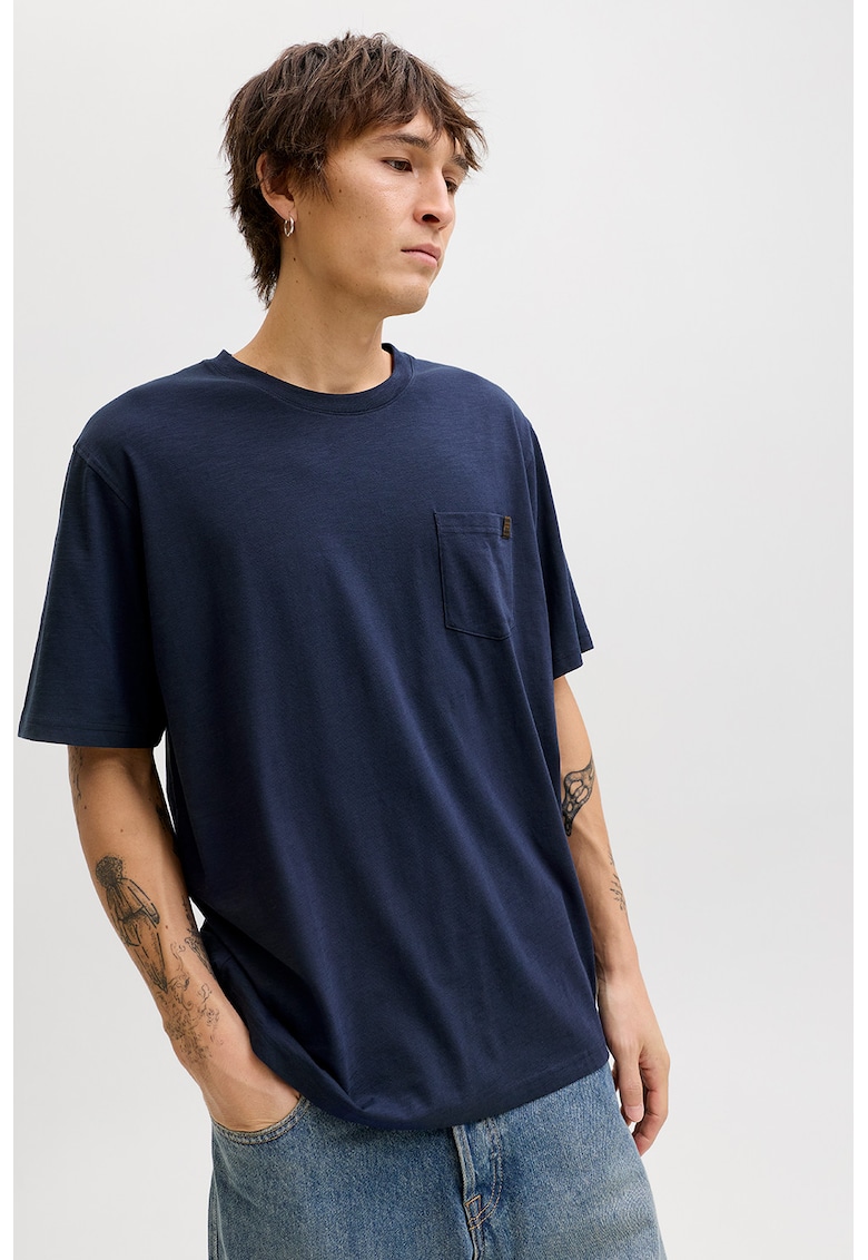 Tricou din amestec de bumbac organic cu buzunar aplicat pe piept - Bleumarin
