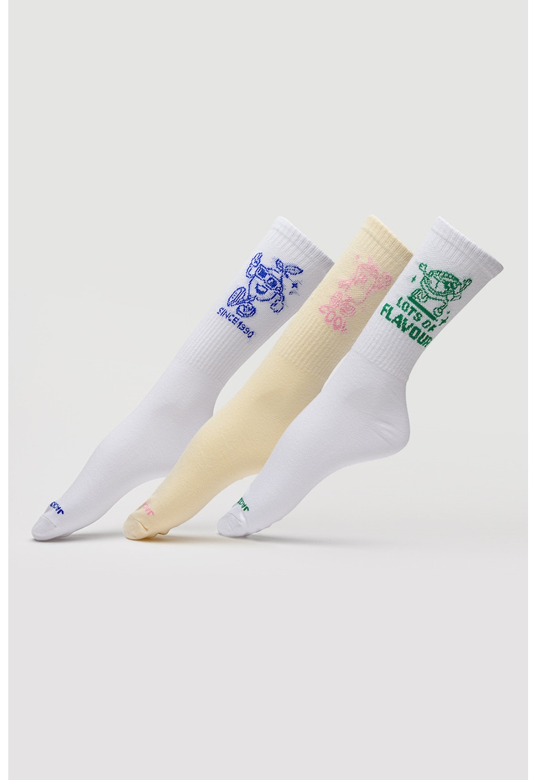 Set de sosete lungi cu detalii brodate - 3 perechi - Alb optic