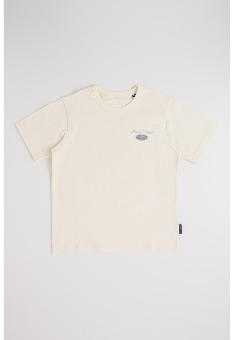 Tricou cu decolteu la baza gatului si imprimeu - Albastru prafuit/Crem