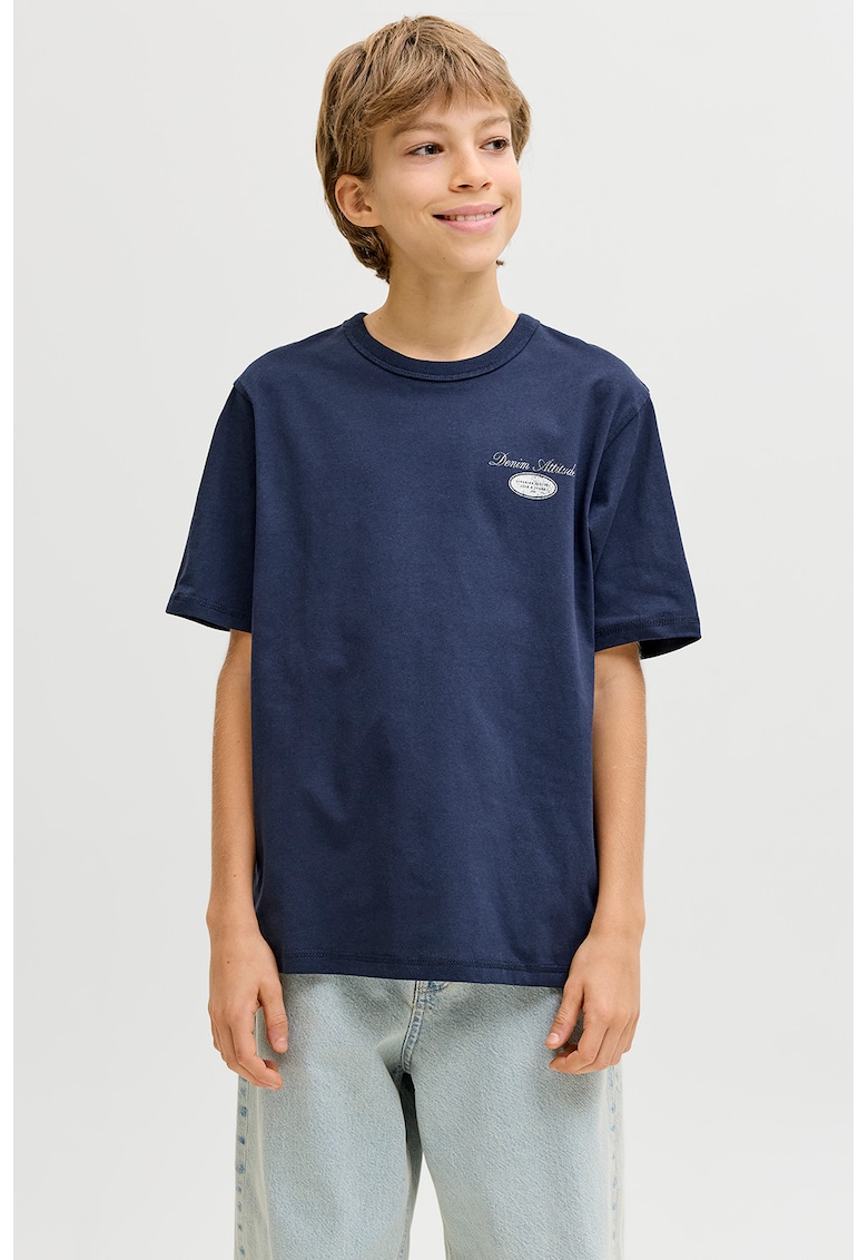 Tricou cu decolteu la baza gatului si imprimeu - Alb/Bleumarin