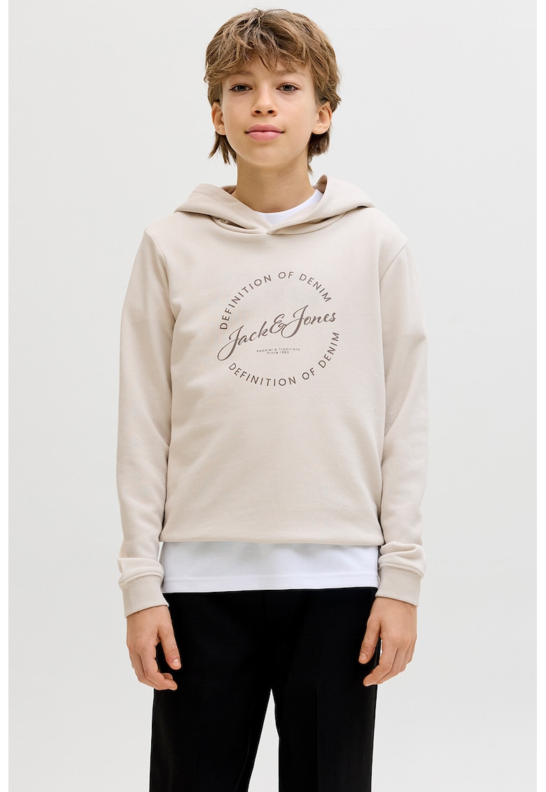 Hanorac din amestec de bumbac cu imprimeu logo - Maro taupe/Alb murdar