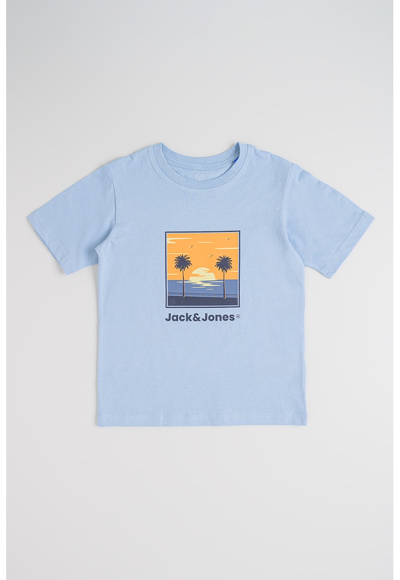 Tricou din bumbac cu decolteu la baza gatului si imprimeu - Portocaliu/Albastru ultramarin/Albastru lavanda