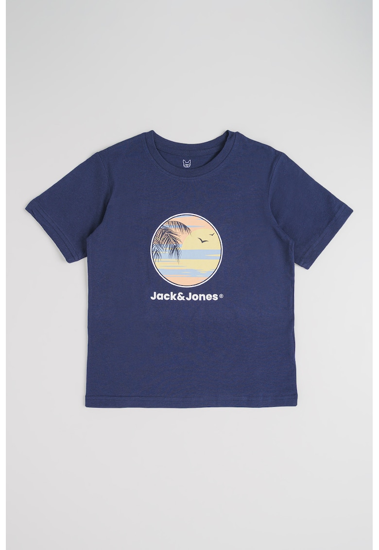 Tricou din bumbac cu decolteu la baza gatului si imprimeu - Alb/Galben pai/Bleumarin