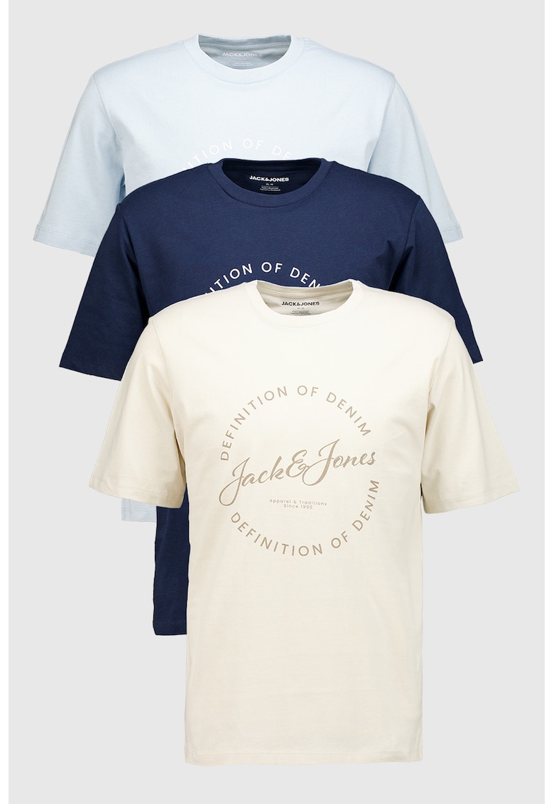 Set de tricouri cu imprimeu logo - 3 piese - Albastru pastel/Bej/Bleumarin