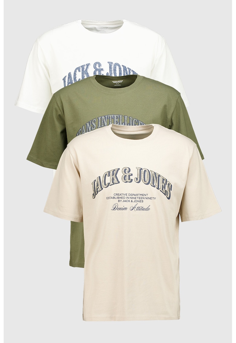 Set de tricouri din bumbac organic Denver - 3 piese - Alb/Maro camel/Kaki inchis