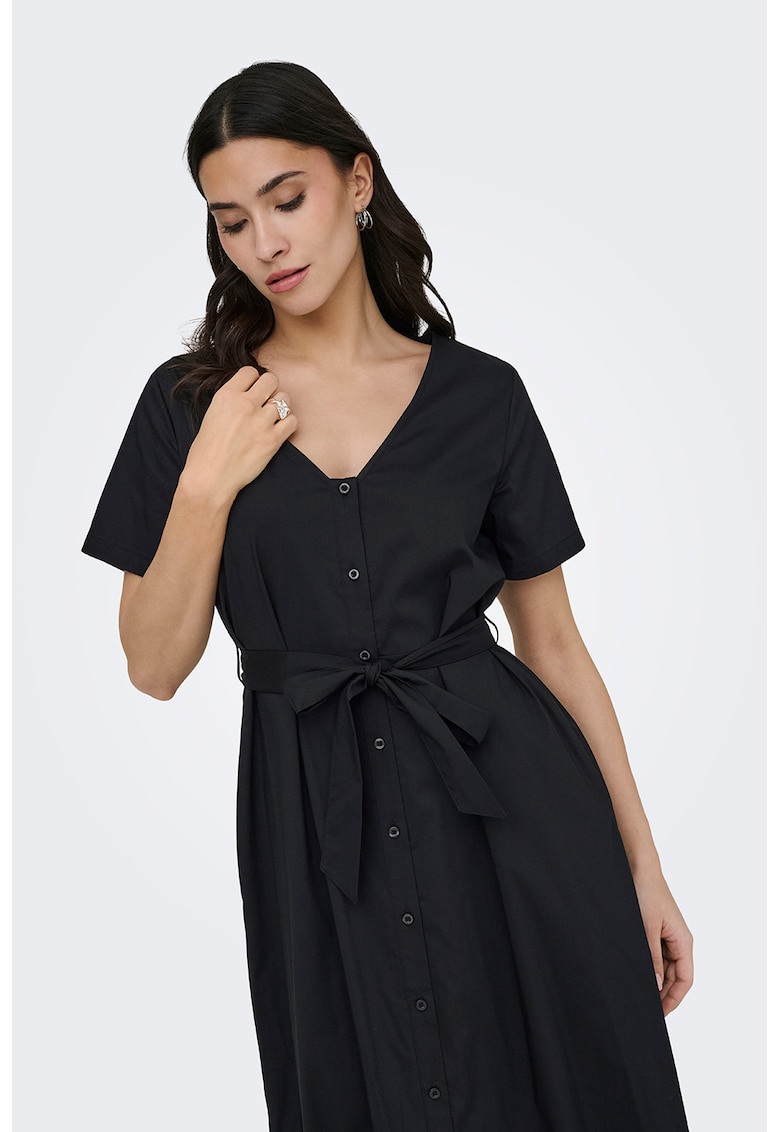 Rochie-camasa cu decolteu in V si cordon in talie - Negru